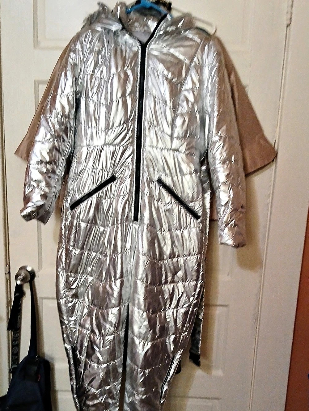 Silver Hooded Puffer One-Piece JUMPSUIT